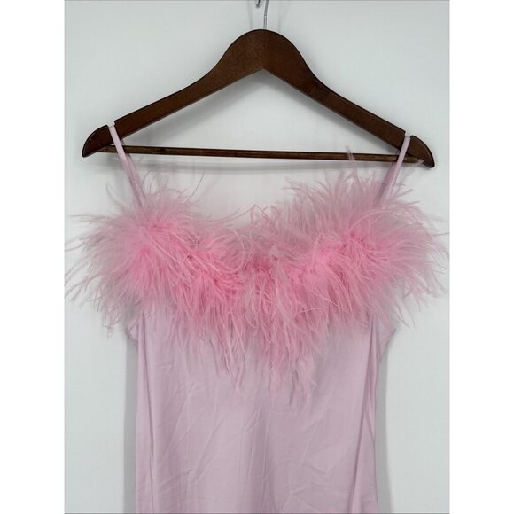 SLEEPER Womens Size Med Boheme Pink Feather-Trim Satin Slip Mini Dress NWT Flaw - Picture 7 of 16